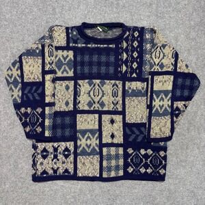 Vintage Dana Scott Patchwork Geometric Knit Sweater Navy Blue‎ Large Made in USA
